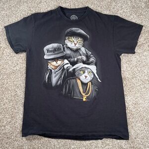 DOM Crew Neck Graphic T Shirt Mens Medium Black Cat Hug Life Tee